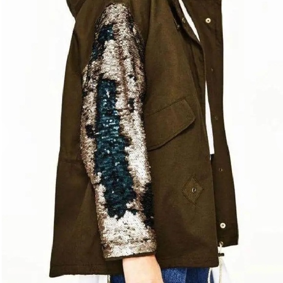 Zara Changing Sequin Sleeve Parka Olive Green Utility Jacket Shiny Sparkly - Picture 4 of 16
